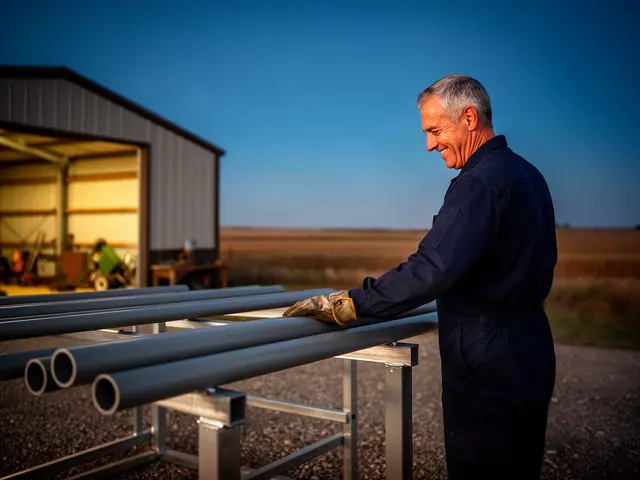 A man with short graying hair beside new equipment in a small oilfield-services company.