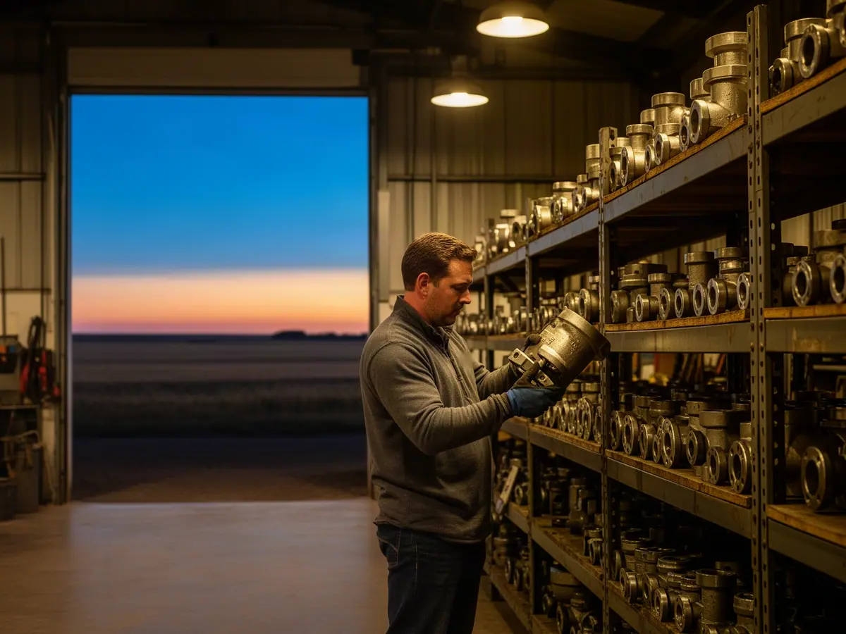 An oilfield-services owner checking racks of steel pipe fittings in his shop under work lights at dusk.