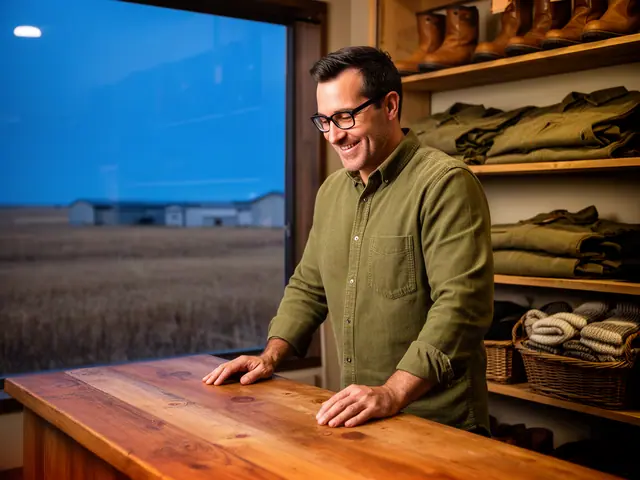 A shop owner behind the counter of a small work-wear and boot shop.
